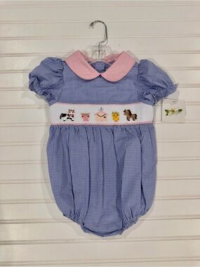 Blue & Pink Smocked Farm Animal One-Piece Bubble